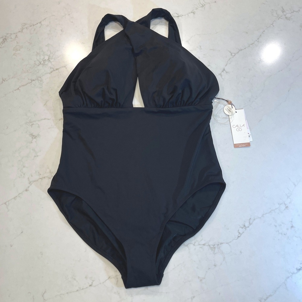 CALIA Cutout Halter High Leg One Piece Swimsuit Women 16 Black Padded Minimalist